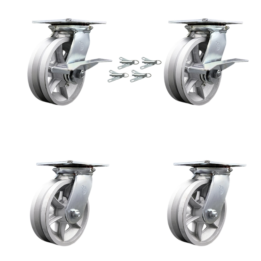 Heavy Duty Large Top Plate V Groove Semi Steel Swvl Caster w/Main. Free Bearings Set 4 w/6" x 2" Silver Wheel-Includes 2 Swvl w/BRK and Bolt on Swvl Lck&2 Swvl w/Bolt on Swvl Lck- Service Caster Brand — photo 1