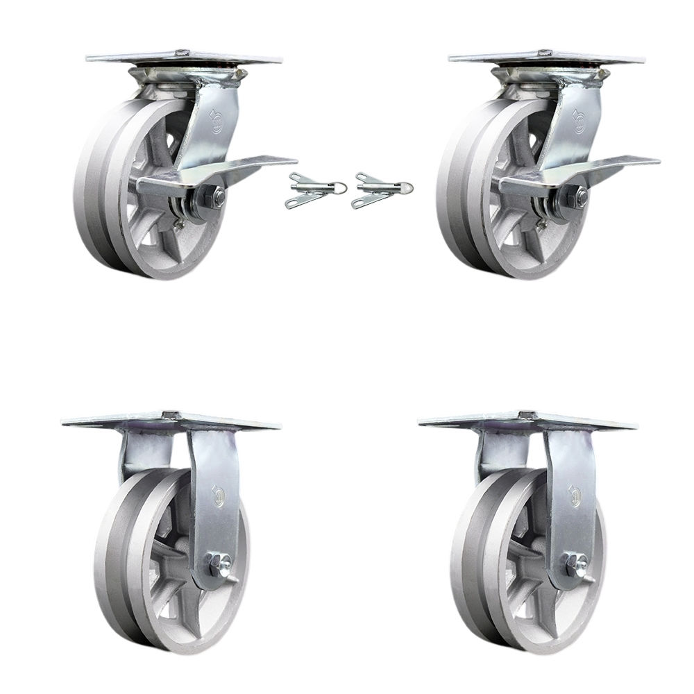 Heavy Duty Large Top Plate V Groove Semi Steel Swivel Caster w/Main. Free Bearings Set of 4 w/6" x 2" Silver Wheels - Includes 2 Swivel with Brakes and Bolt on Swvl Locks&2 Rigid- Service Caster Brand — photo 1