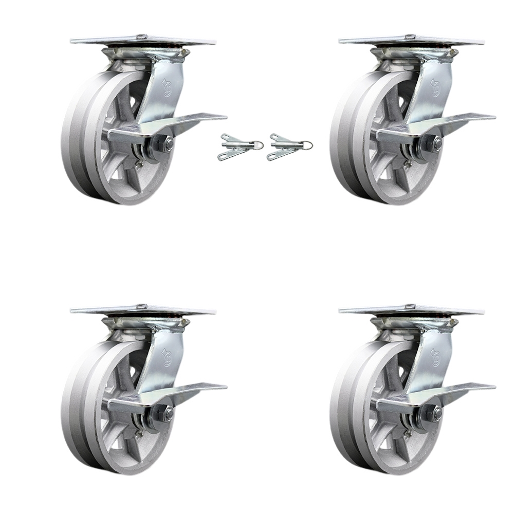 Heavy Duty Large Top Plate V Groove Semi Steel Swivel Caster w/Main. Free Bearings Set 4 w/6" x 2" Silver Wheels-Includes 2 Swvl with Brakes and Bolt on Swvl Lcks&2 Swvl with BRKs-Service Caster Brand — photo 1
