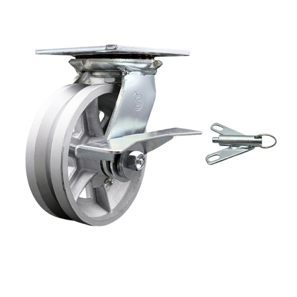 Heavy Duty Large Top Plate V Groove Semi Steel Swivel Caster w/Main. Free Bearings and 6" x 2" Silver Wheel & Side Lck Brake and Bolt on Swivel Lock - 1200 lbs Capacity/Caster - Service Caster Brand — photo 1