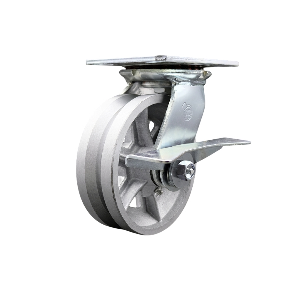 Heavy Duty Large Top Plate V Groove Semi Steel Swivel Caster w/6" x 2" Silver Wheel & Side Lck Brake - 1200 lbs Capacity/Caster - Service Caster Brand — photo 1