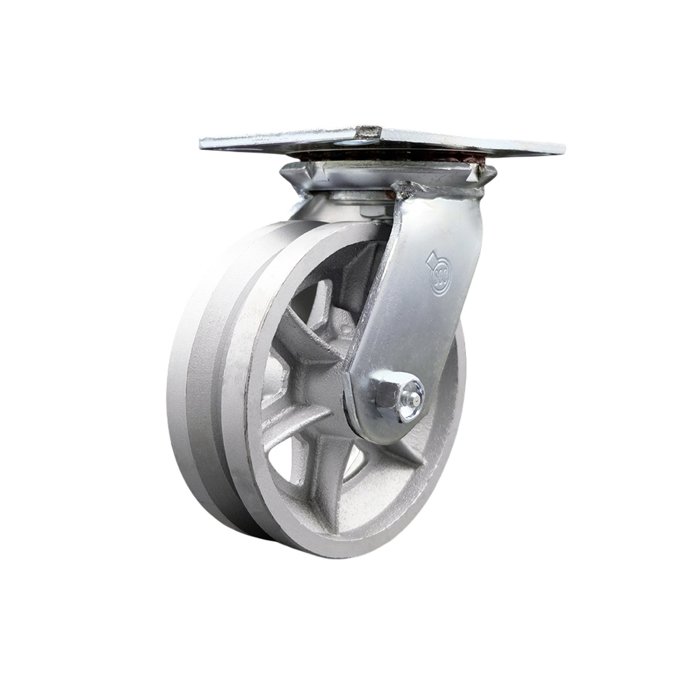 Heavy Duty Large Top Plate V Groove Semi Steel Swivel Caster w/Main. Free Bearings and 6" x 2" Silver Wheel - 1200 lbs Capacity/Caster - Service Caster Brand — photo 1