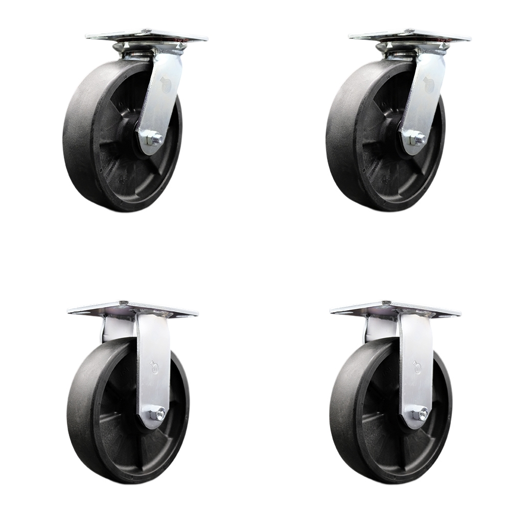 Heavy Duty Large Top Plate Glass Filled Nylon Swivel Caster w/Main. Free Bearings Set of 4 and  w/8" x 2" Black Wheels - Includes 2 Swivel & 2 Rigid - 6000 lbs Total Capacity - Service Caster Brand — photo 1