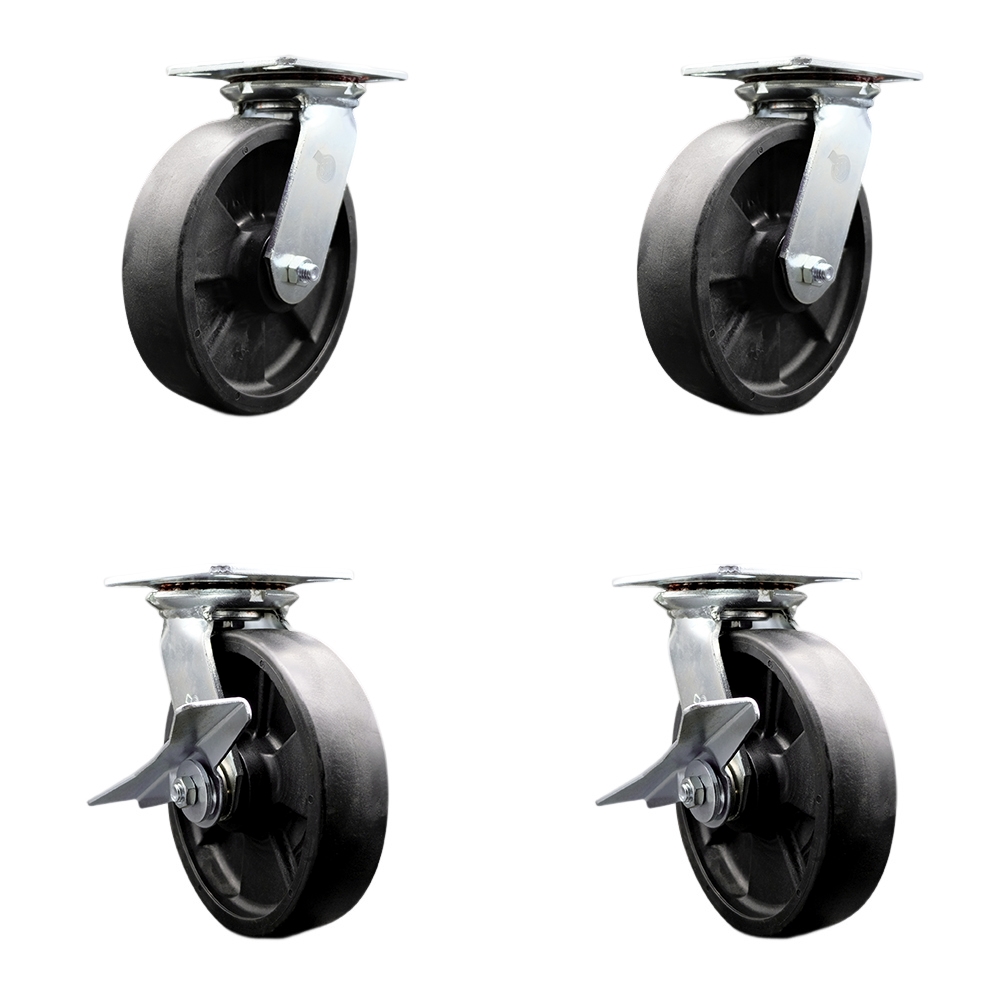 Heavy Duty Large Top Plate Glass Filled Nylon Swivel Caster w/Main. Free Bearings Set of 4 w/8" x 2" Black Wheels - Includes 2 Swivel with Brakes & 2 Swivel - 6000lbs Total Cpty - Service Caster Brand — photo 1