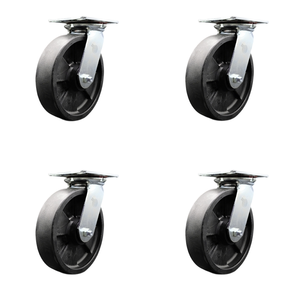 Heavy Duty Large Top Plate Glass Filled Nylon Swivel Caster w/Main. Free Bearings Set of 4 and  w/8" x 2" Black Wheels - Includes 4 Swivel - 6000 lbs Total Capacity - Service Caster Brand — photo 1