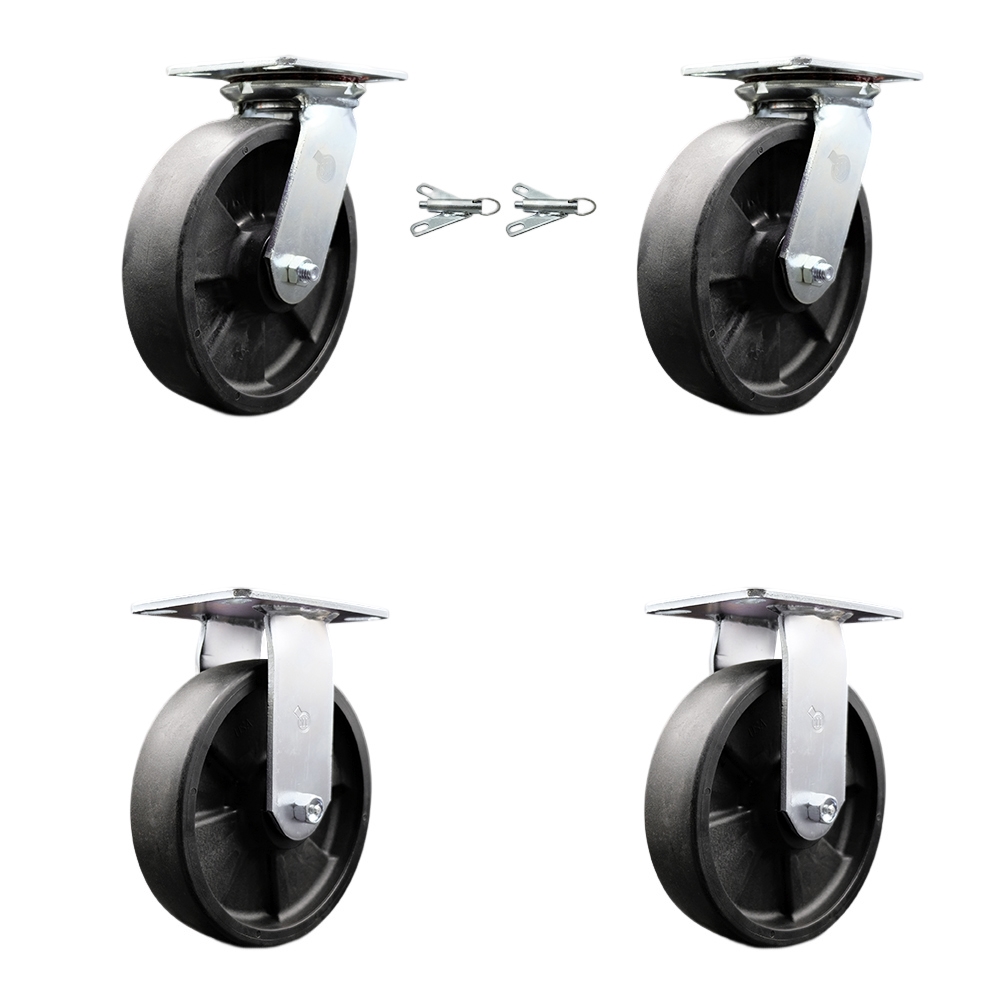 Heavy Duty Large Top Plate Glass Filled Nylon Swivel Caster w/Main. Free Bearings Set of 4  w/8" x 2" Black Wheels-Includes 2 Swvl with Bolt on Swvl Lck&2 Rigid-6000lbs Total Cpty-Service Caster Brand — photo 1
