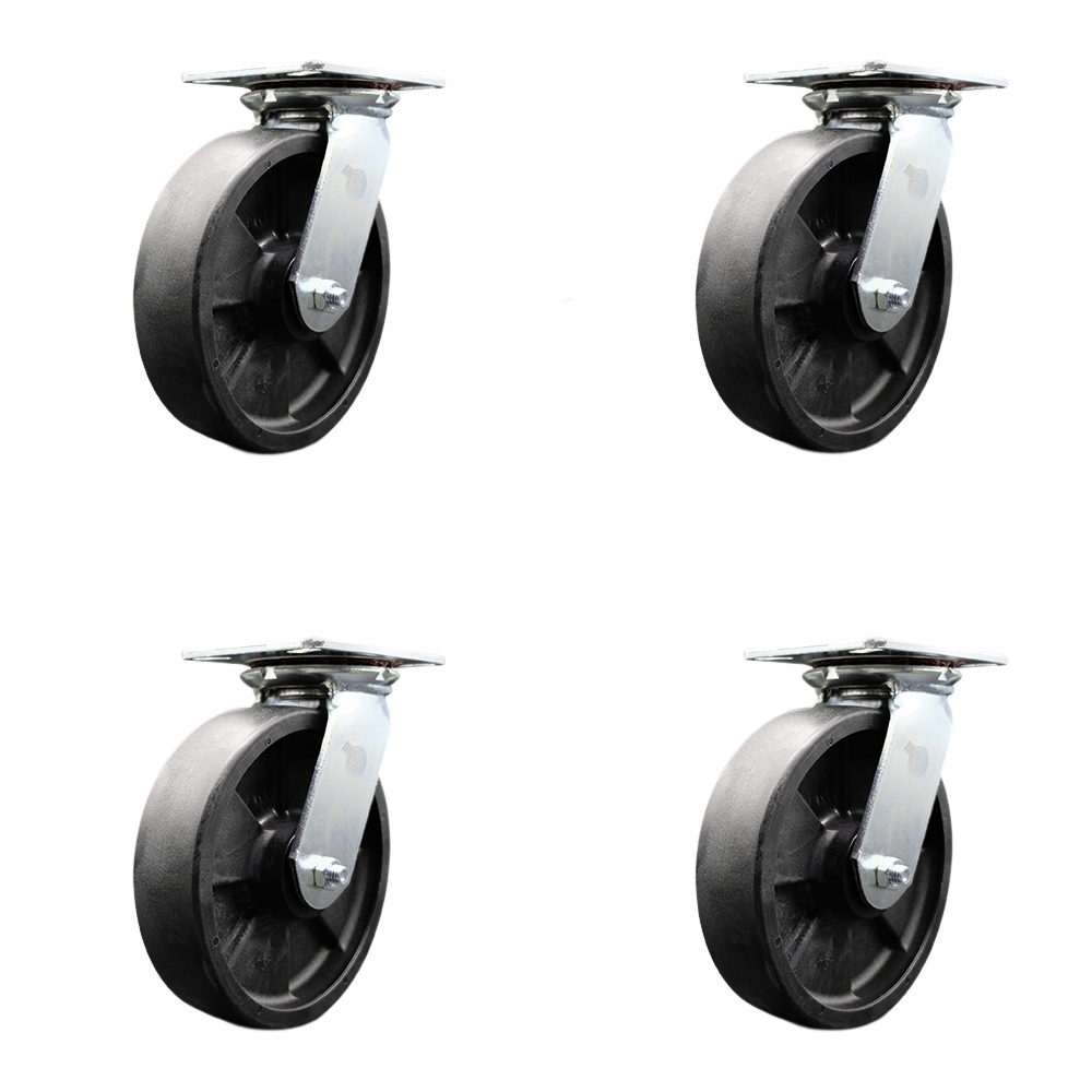 Heavy Duty Large Top Plate Glass Filled Nylon Swivel Caster w/Main. Free Bearings Set of 4 w/8" x 2" Black Wheels - Includes 4 Swivel w/Bolt on Swivel Locks - 6000lbs Total Cpty - Service Caster Brand — photo 1