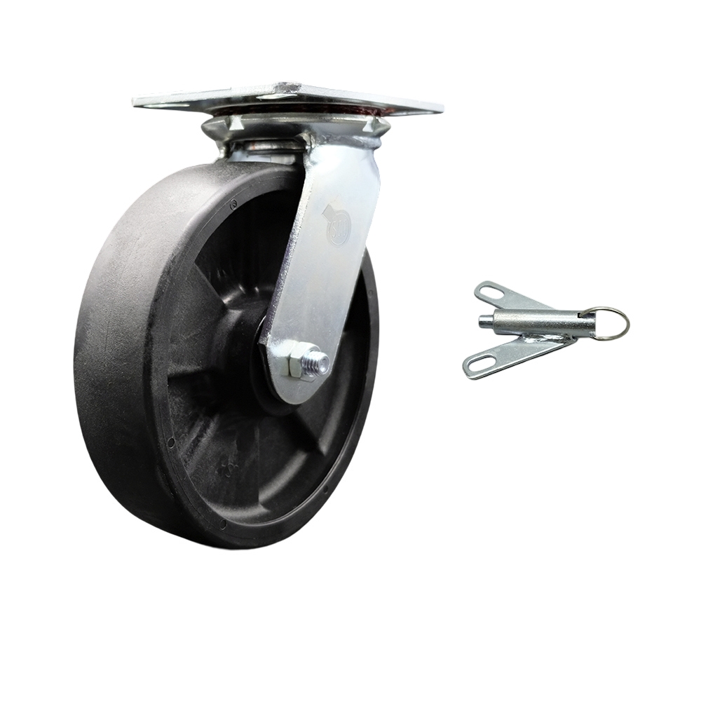 Heavy Duty Large Top Plate Glass Filled Nylon Swivel Caster w/Main. Free Bearings and 8" x 2" Black Wheel & Bolt on Swivel Lock - 1500 lbs Capacity/Caster - Service Caster Brand — photo 1