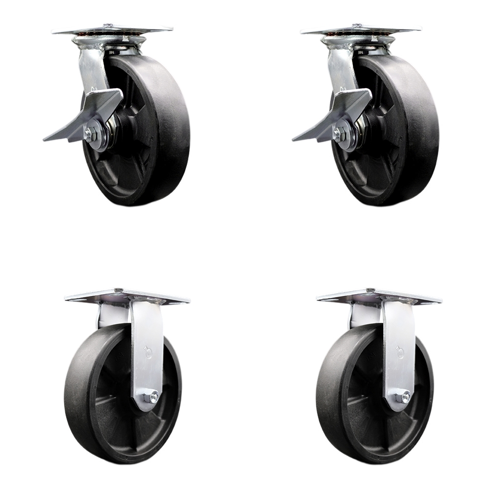 Heavy Duty Large Top Plate Glass Filled Nylon Swivel Caster w/Main. Free Bearings Set of 4 w/8" x 2" Black Wheels - Includes 2 Swivel with Brakes & 2 Rigid - 6000lbs Total Cpty - Service Caster Brand — photo 1