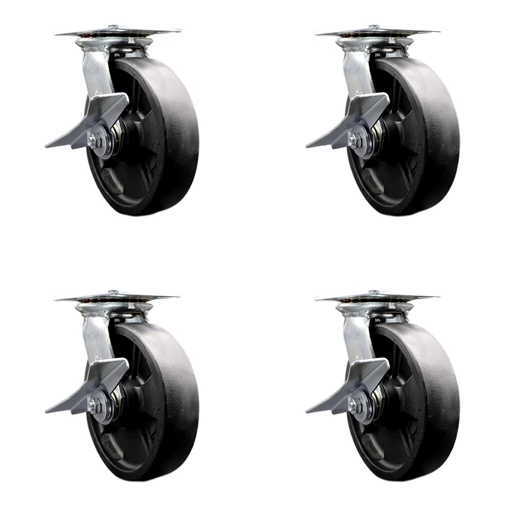 Heavy Duty Large Top Plate Glass Filled Nylon Swivel Caster w/Main. Free Bearings Set of 4 w/8" x 2" Black Wheels - Includes 4 Swivel w/Side Lock Brakes - 6000lbs Total Cpty - Service Caster Brand — photo 1