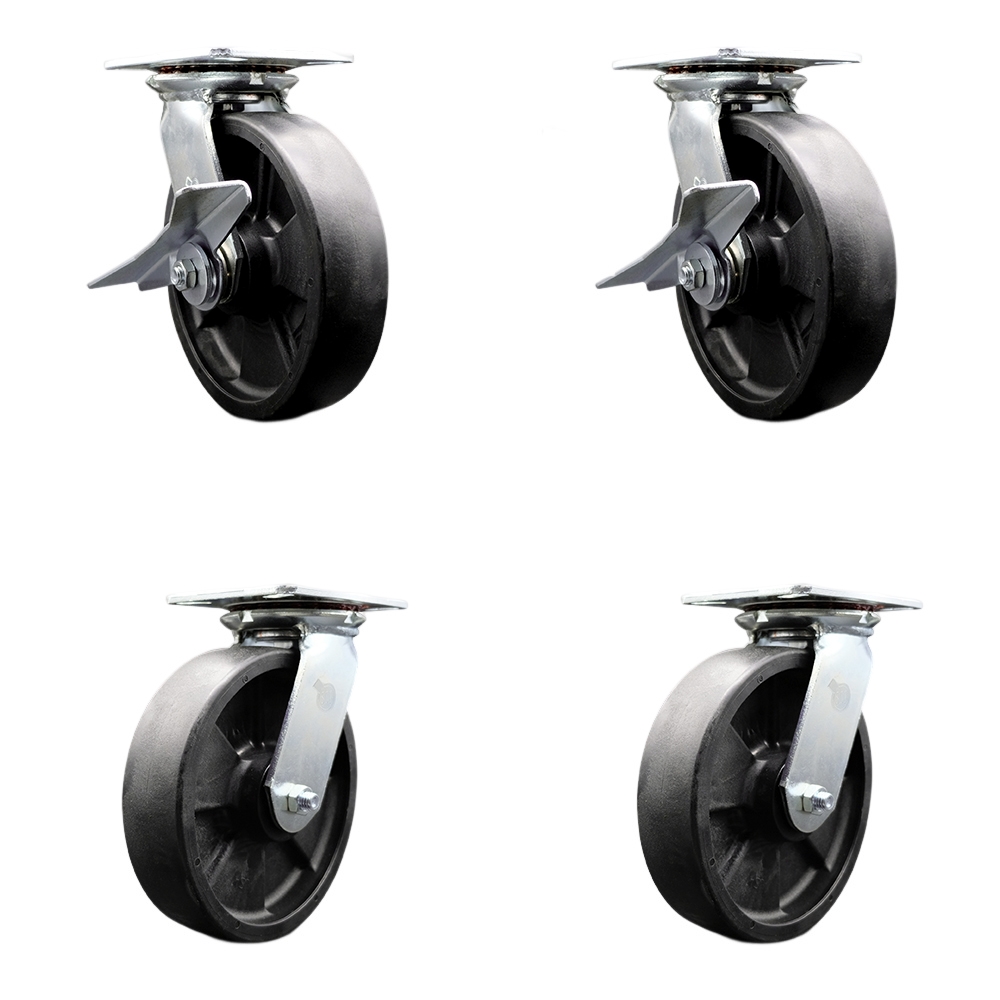 Heavy Duty Large Top Plate Glass Filled Nylon Swvl Caster w/Main. Free Bearings Set 4 w/8" Black Wheels-Includes 2 Swvl w/BRKs and Bolt on Swvl Lck& 2 Swvl w/Bolt on Swvl Lck - Service Caster Brand — photo 1