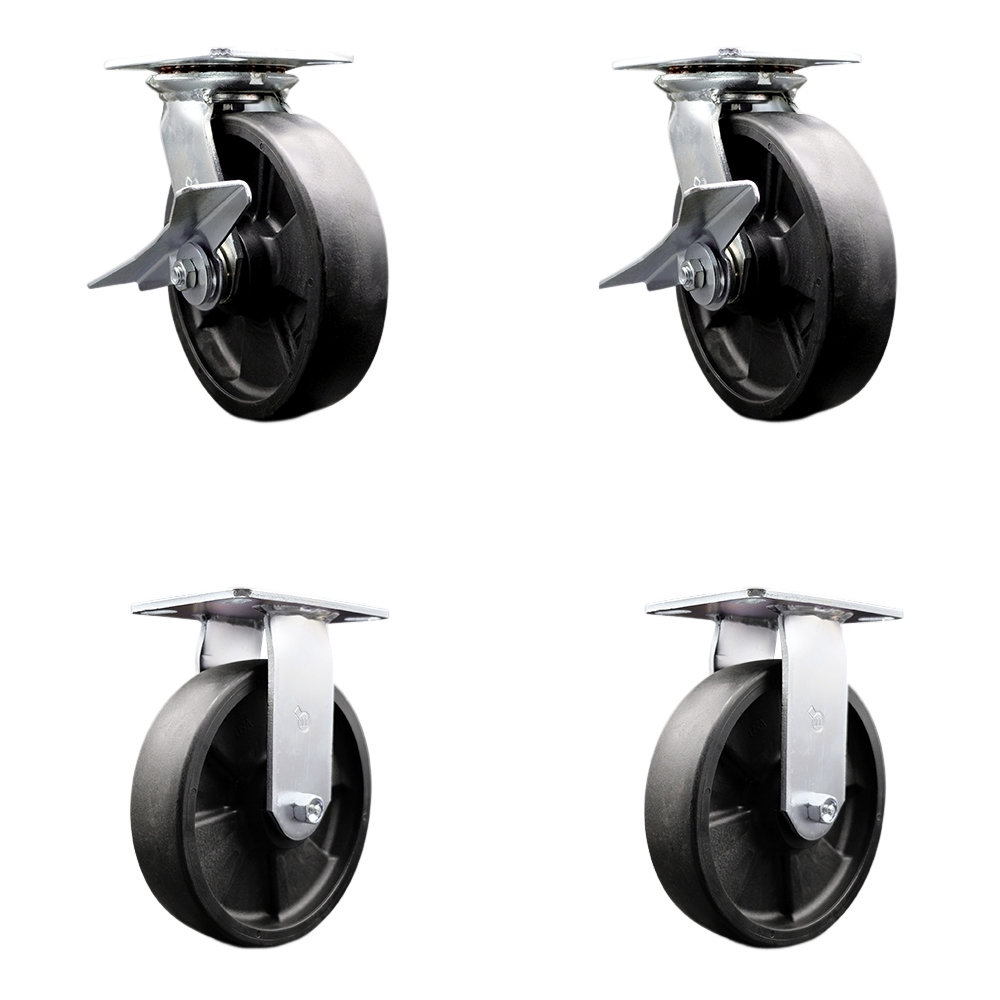 Heavy Duty Large Top Plate Glass Filled Nylon Swvl Caster w/Main. Free Bearing Set 4 w/8" x 2" Black Wheel-Includes 2 Swvl with BRKs and Bolt on Swvl Lck&2 Rigid-6000lb Total Cpty-Service Caster Brand — photo 1