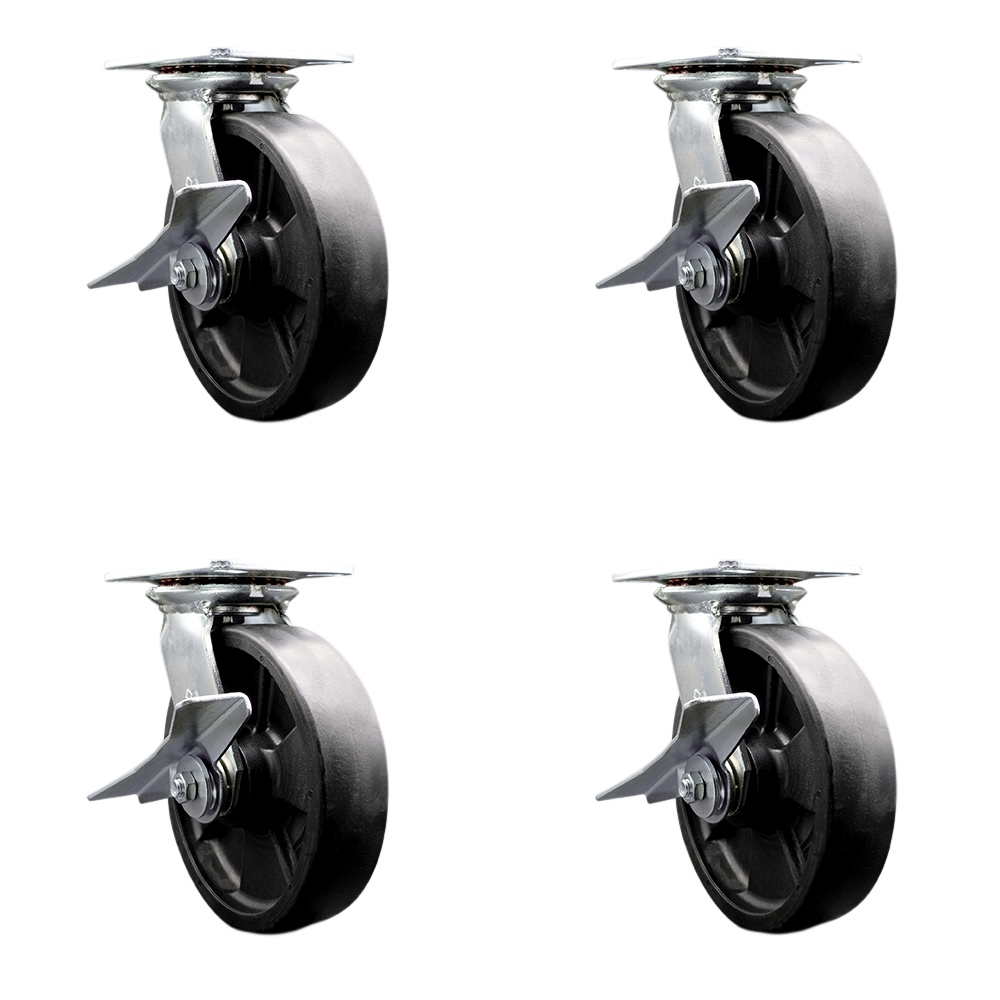 Heavy Duty Large Top Plate Glass Filled Nylon Swivel Caster w/Main. Free Bearings Set 4 w/8" x 2" Black Wheels-Includes 2 Swvl with Brakes and Bolt on Swvl Lcks&2 Swvl with Brakes-Service Caster Brand — photo 1