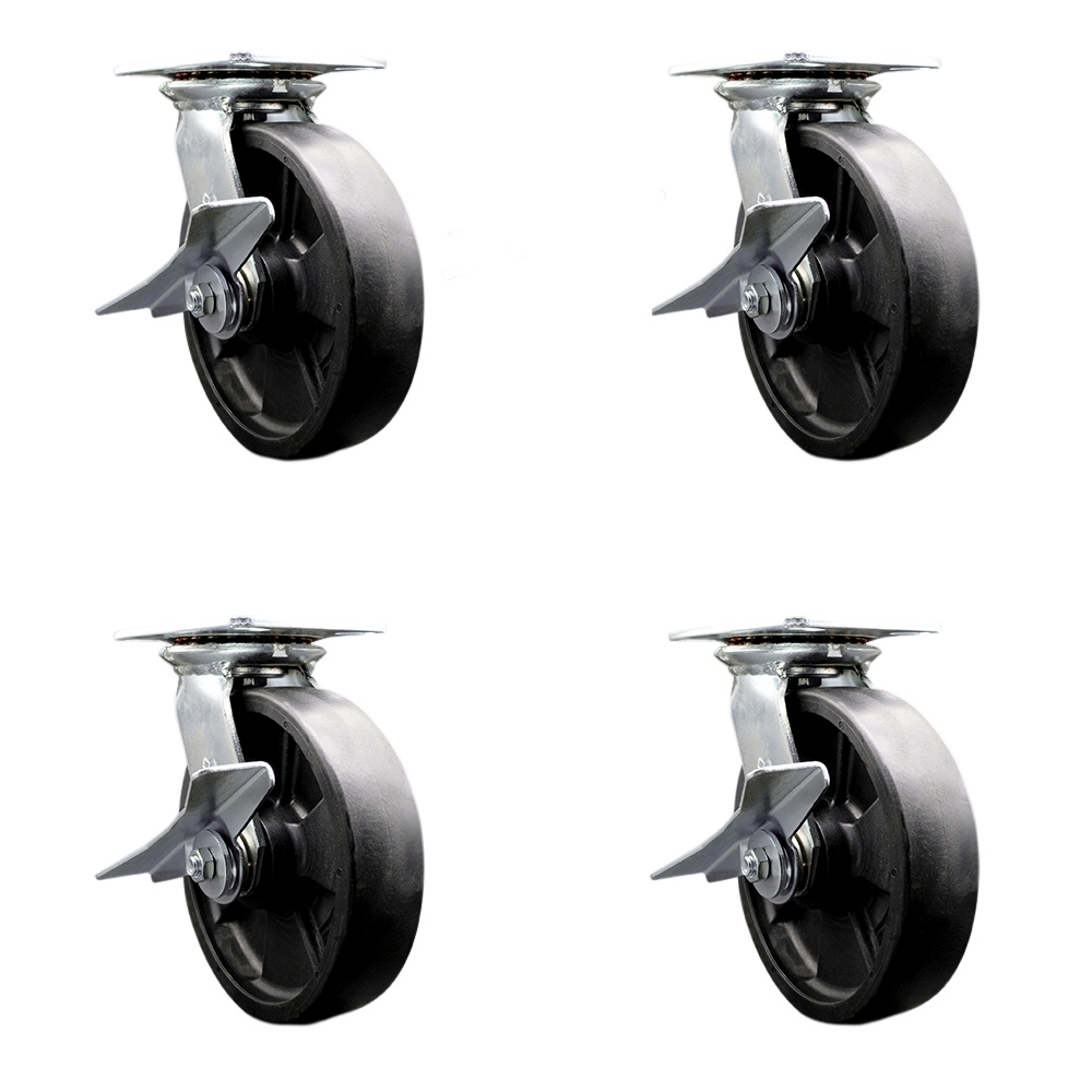 Heavy Duty Large Top Plate Glass Filled Nylon Swivel Caster w/Main. Free Bearings Set 4 w/8" x 2" Black Wheels-Includes 4 Swvl w/Side Lck Brake&Bolt on Swvl Lck-6000lbs Total Cpty-Service Caster Brand — photo 1