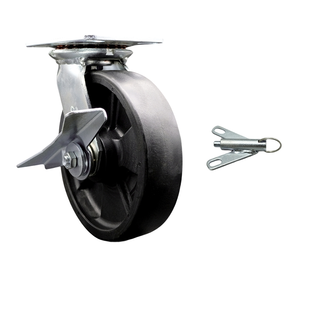 Heavy Duty Large Top Plate Glass Filled Nylon Swivel Caster w/Main. Free Bearings and 8" x 2" Black Wheel & Side Lck Brake and Bolt on Swivel Lock - 1500 lbs Capacity/Caster - Service Caster Brand — photo 1