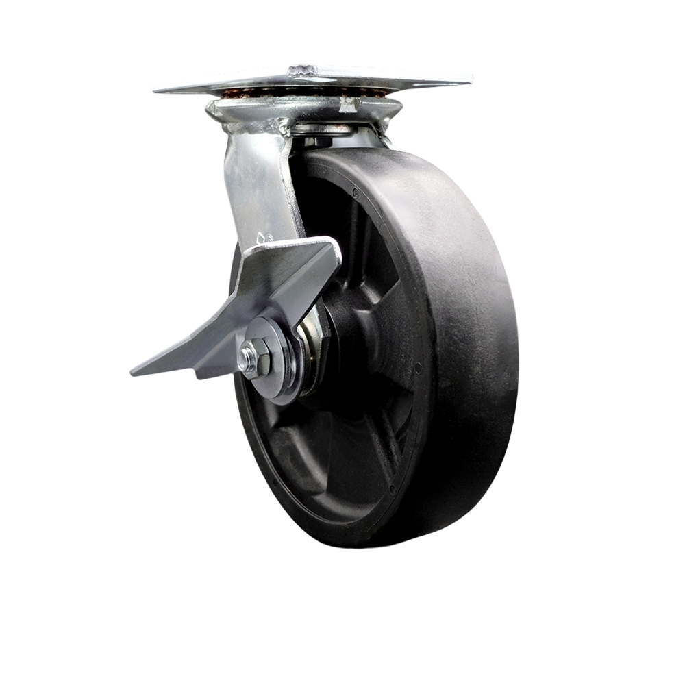 Heavy Duty Large Top Plate Glass Filled Nylon Swivel Caster w/Main. Free Bearings and 8" x 2" Black Wheel & Side Lck Brake - 1500 lbs Capacity/Caster - Service Caster Brand — photo 1