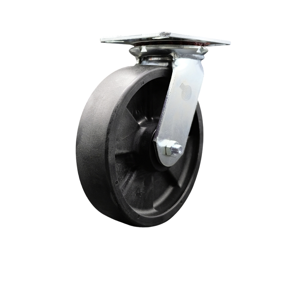Heavy Duty Large Top Plate Glass Filled Nylon Swivel Caster w/Main. Free Bearings and 8" x 2" Black Wheel - 1500 lbs Capacity/Caster - Service Caster Brand — photo 1