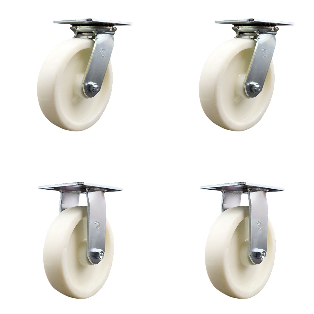 Heavy Duty Large Top Plate Nylon Swivel Caster w/Main. Free Bearings Set of 4 w/8" x 2" White Wheels - Includes 2 Swivel & 2 Rigid - 5000 lbs Total Capacity - Service Caster Brand — photo 1