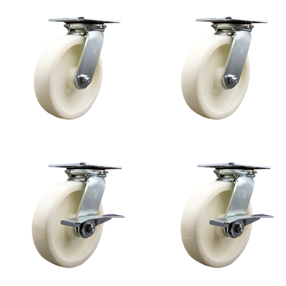 Heavy Duty Large Top Plate Nylon Swivel Caster w/Main. Free Bearings Set of 4 w/8" x 2" White Wheels - Includes 2 Swivel with Brakes & 2 Swivel - 5000 lbs Total Capacity - Service Caster Brand — photo 1