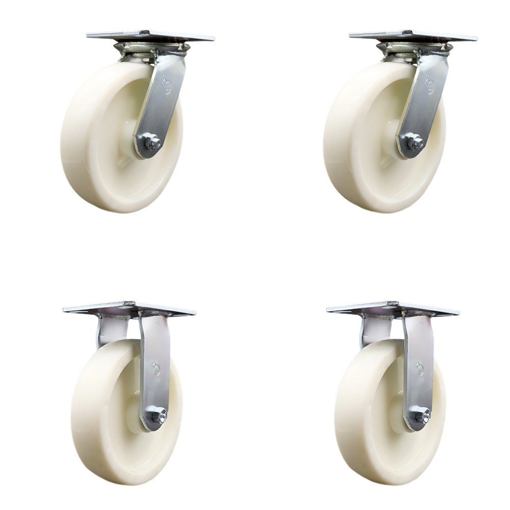 Heavy Duty Large Top Plate Nylon Swivel Caster w/Main. Free Bearings Set of 4 w/8" x 2" White Wheels - Includes 2 Swivel with Bolt on Swivel Locks & 2 Rigid - 5000lbs Total Cpty - Service Caster Brand — photo 1