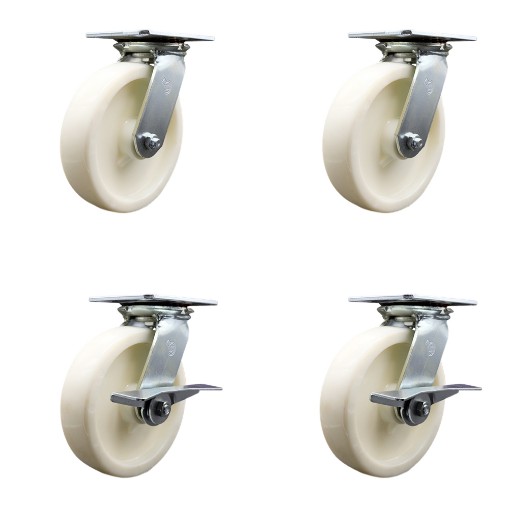 Heavy Duty Large Top Plate Nylon Swivel Caster w/Main. Free Bearings Set of 4 w/8" x 2" White Wheels-Includes 2 Swivel with Bolt on Swvl Lcks&2 Swvl with Brakes-5000lbs Total Cpty-Service Caster Brand — photo 1