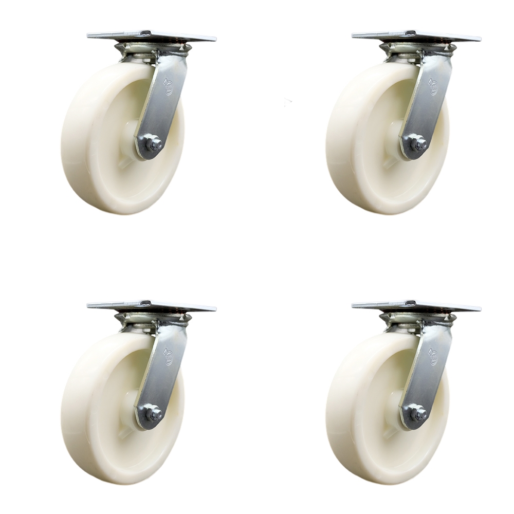 Heavy Duty Large Top Plate Nylon Swivel Caster Set of 4 w/8" x 2" White Wheels - Includes 4 Swivel w/Bolt on Swivel Locks - 5000 lbs Total Capacity - Service Caster Brand — photo 1