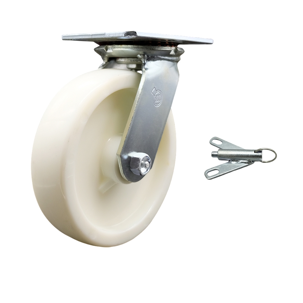 Heavy Duty Large Top Plate Nylon Swivel Caster w/Main. Free Bearings and 8" x 2" White Wheel & Bolt on Swivel Lock - 1250 lbs Capacity/Caster - Service Caster Brand — photo 1