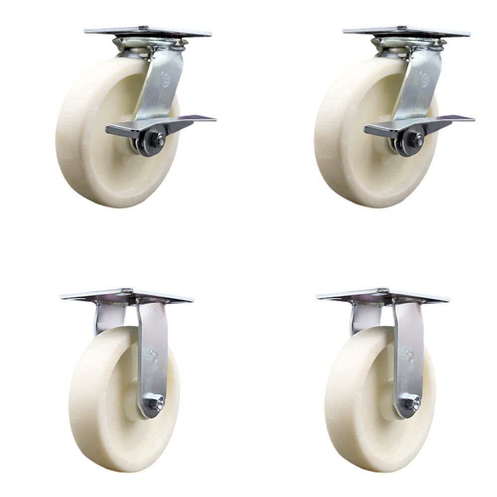 Heavy Duty Large Top Plate Nylon Swivel Caster Set of 4 w/8" x 2" White Wheels - Includes 2 Swivel with Brakes & 2 Rigid - 5000 lbs Total Capacity - Service Caster Brand — photo 1