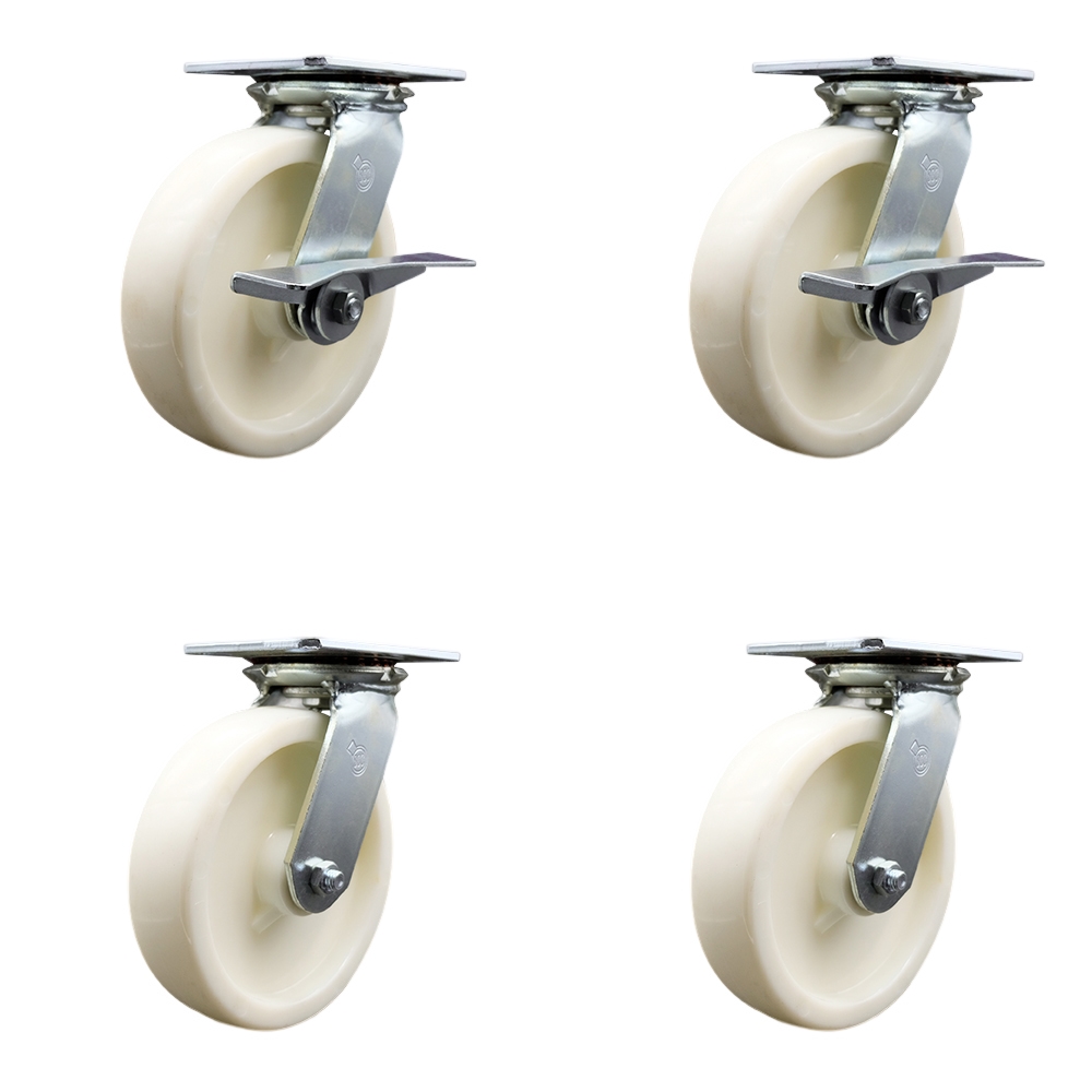 Heavy Duty Large Top Plate Nylon Swivel Caster Set 4 w/8" x 2" White Wheels-Includes 2 Swvl w/Brakes and Bolt on Swvl Lcks& 2 Swvl w/Bolt on Swvl Lcks-5000 lbs Total Cpty- Service Caster Brand — photo 1