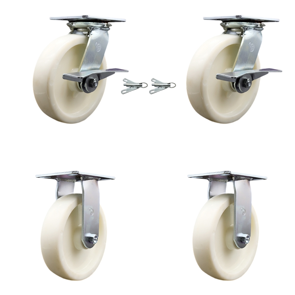 Heavy Duty Large Top Plate Nylon Swivel Caster w/Main. Free Bearings Set of 4 w/8" x 2" White Wheels - Includes 2 Swvl with Brakes and Bolt on Swvl Lcks&2 Rigid-5000lbs Total Cpty-Service Caster Brand — photo 1