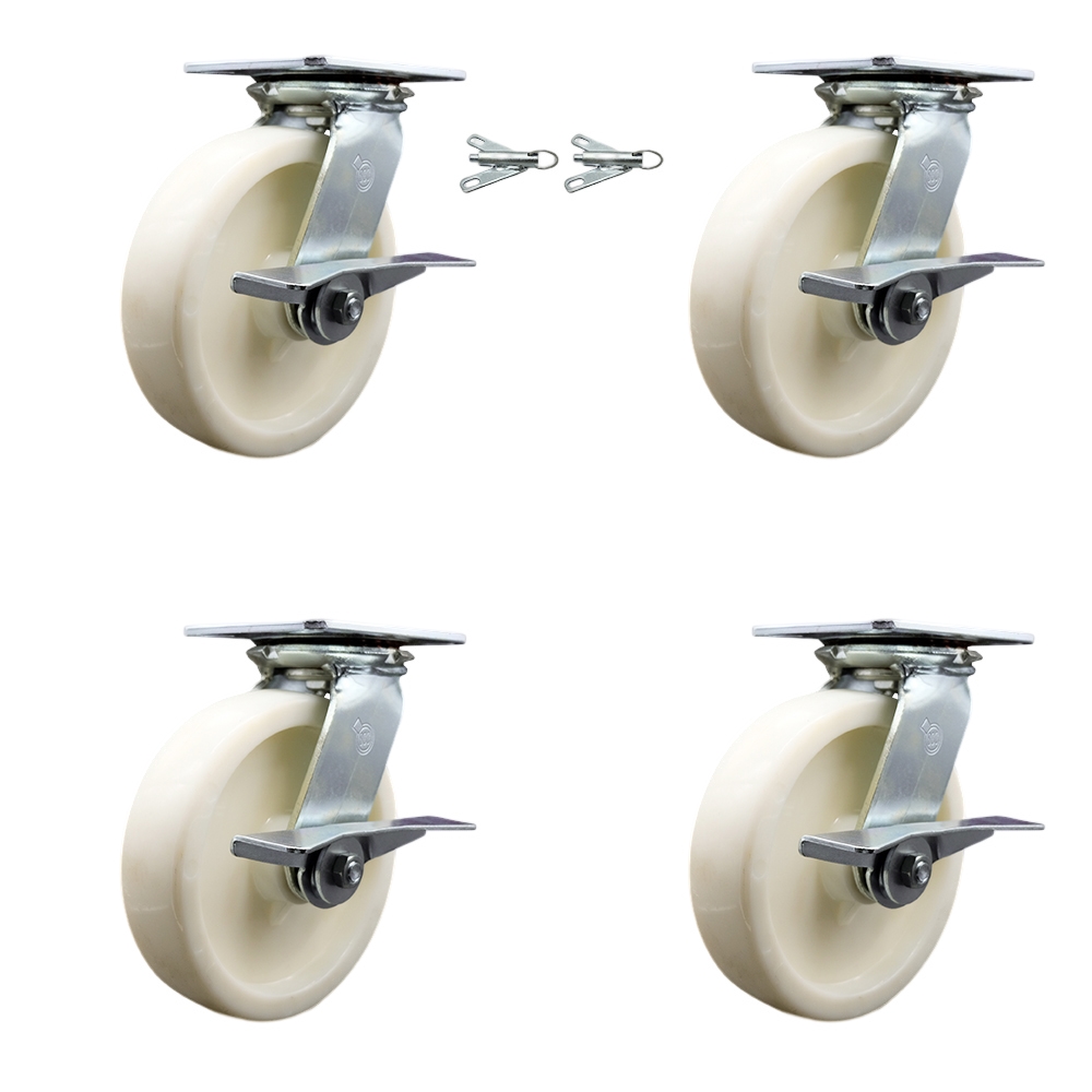 Heavy Duty Large Top Plate Nylon Swivel Caster Set 4 w/8" x 2" White Wheels-Includes 2 Swivel with Brakes and Bolt on Swivel Locks&2 Swivel with Brakes-5000 lbs Total Cpty-Service Caster Brand — photo 1
