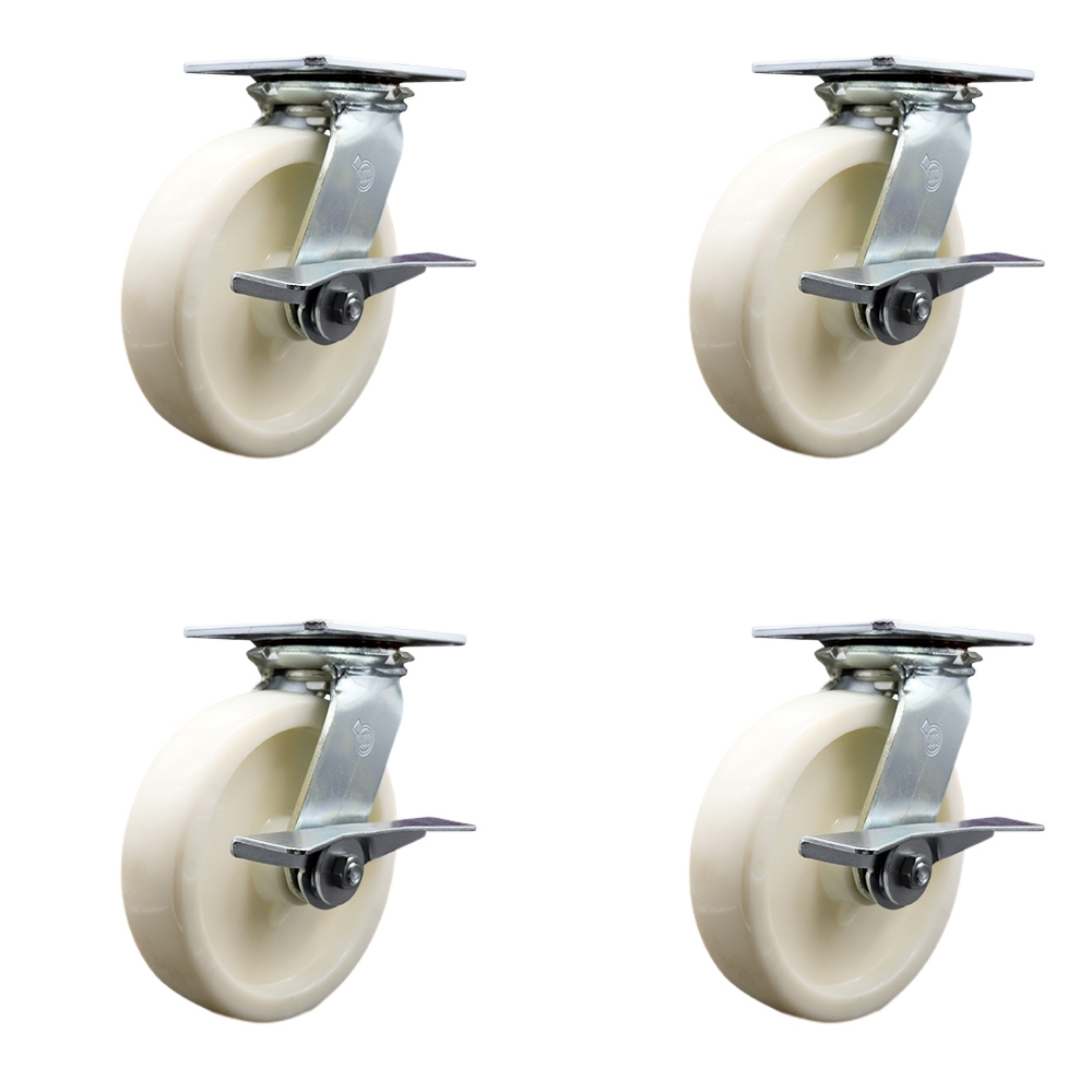 Heavy Duty Large Top Plate Nylon Swivel Caster w/Main. Free Bearings Set of 4 w/8" x 2" White Wheels -Includes 4 Swivel w/Side Lck Brakes&Bolt on Swivel Locks-5000lbs Total Cpty - Service Caster Brand — photo 1