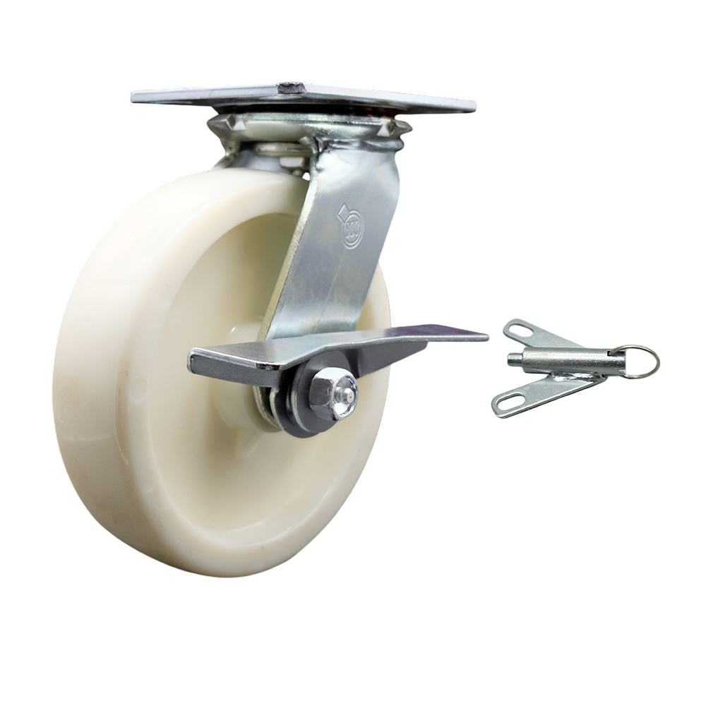 Heavy Duty Large Top Plate Nylon Swivel Caster w/8" x 2" White Wheel & Side Lck Brake and Bolt on Swivel Lock - 1250 lbs Capacity/Caster - Service Caster Brand — photo 1