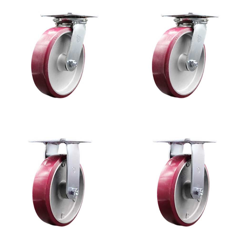 Heavy Duty Large Top Plate Polyurethane on Aluminum Swivel Caster Set of 4 w/8" x 2" Maroon Wheels - Includes 2 Swivel & 2 Rigid - 5000 lbs Total Capacity - Service Caster Brand — photo 1