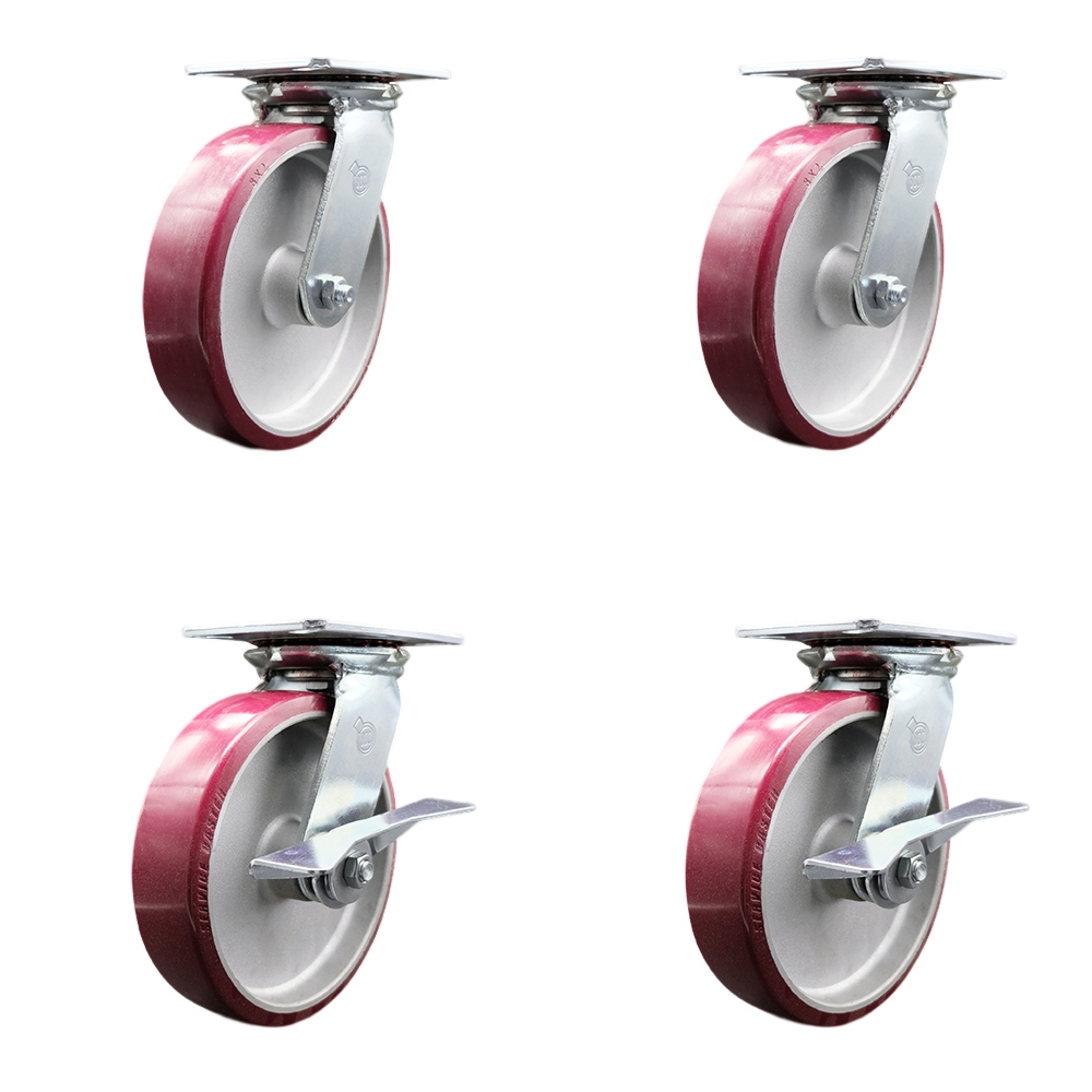 Heavy Duty Large Top Plate Polyurethane on Aluminum Swivel Caster Set of 4 w/8" x 2" Maroon Wheels - Includes 2 Swivel with Brakes & 2 Swivel - 5000 lbs Total Capacity - Service Caster Brand — photo 1