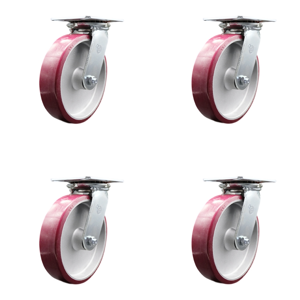 Heavy Duty Large Top Plate Polyurethane on Aluminum Swivel Caster Set of 4 w/8" x 2" Maroon Wheels - Includes 4 Swivel - 5000 lbs Total Capacity - Service Caster Brand — photo 1