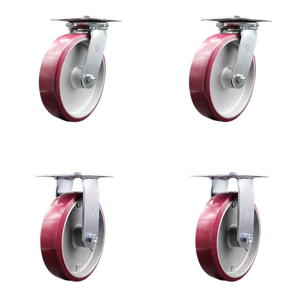 Heavy Duty Large Top Plate Polyurethane on Aluminum Swivel Caster Set of 4 w/8" x 2" Maroon Wheels - Includes 2 Swivel with Bolt on Swivel Locks & 2 Rigid-5000lbs Total Capacity - Service Caster Brand — photo 1