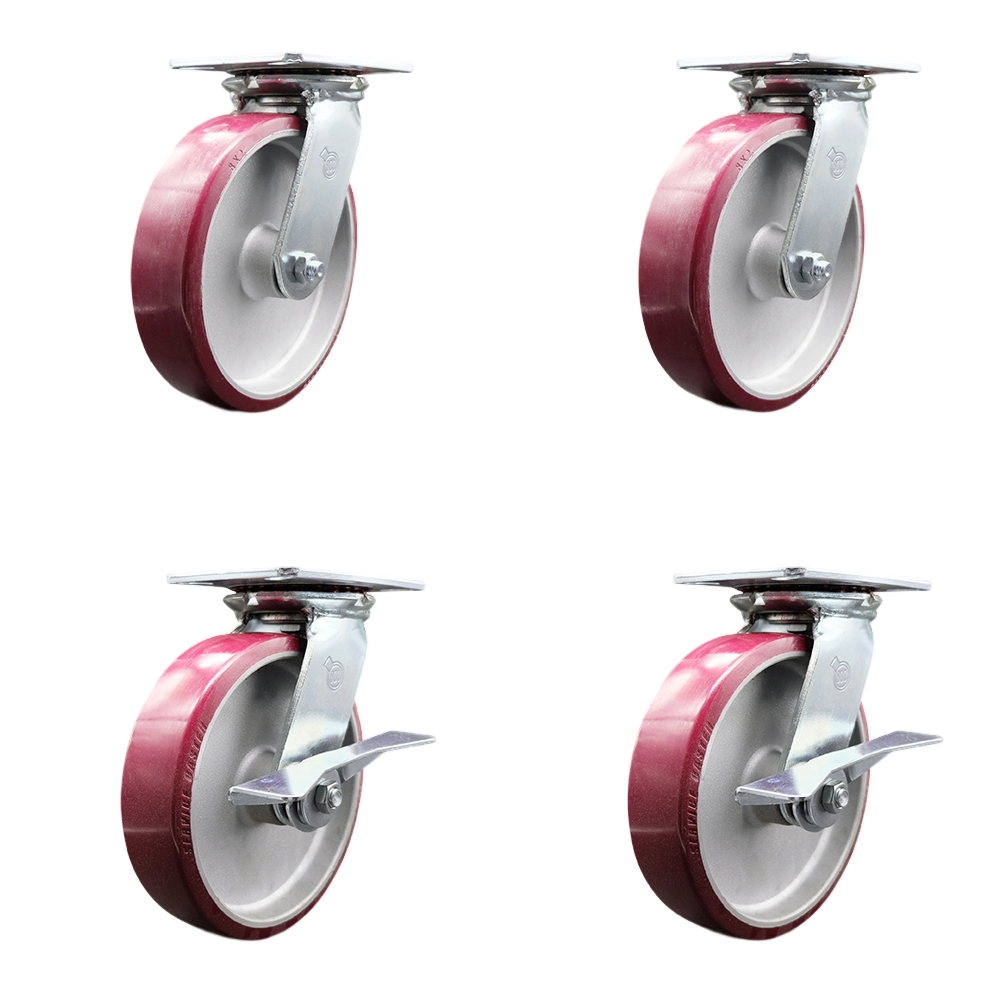 Heavy Duty Large Top Plate Polyurethane on Aluminum Swivel Caster Set of 4 w/8" x 2" Maroon Wheels-Includes 2 Swivel with Bolt on Swvl Lcks&2 Swvl with Brakes-5000lbs Total Cpty - Service Caster Brand — photo 1