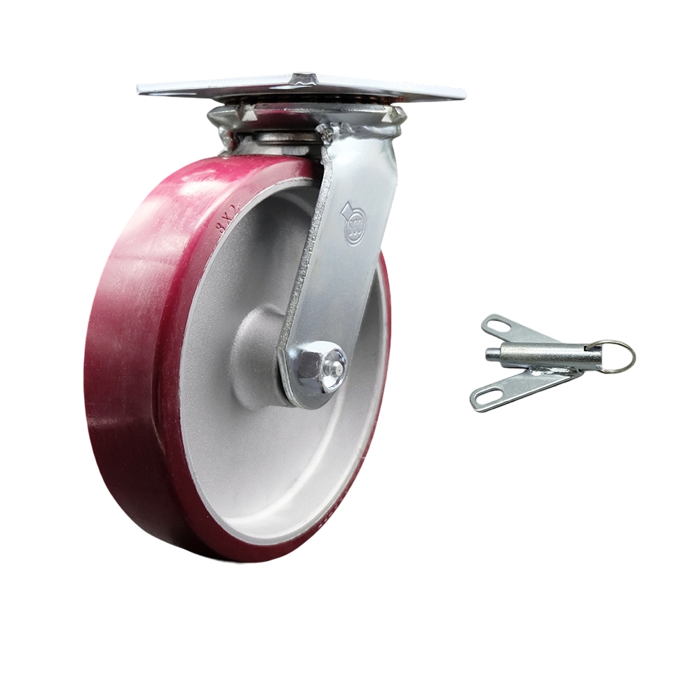 Heavy Duty Large Top Plate Polyurethane on Aluminum Swivel Caster w/8" x 2" Maroon Wheel & Bolt on Swivel Lock - 1250 lbs Capacity/Caster - Service Caster Brand — photo 1