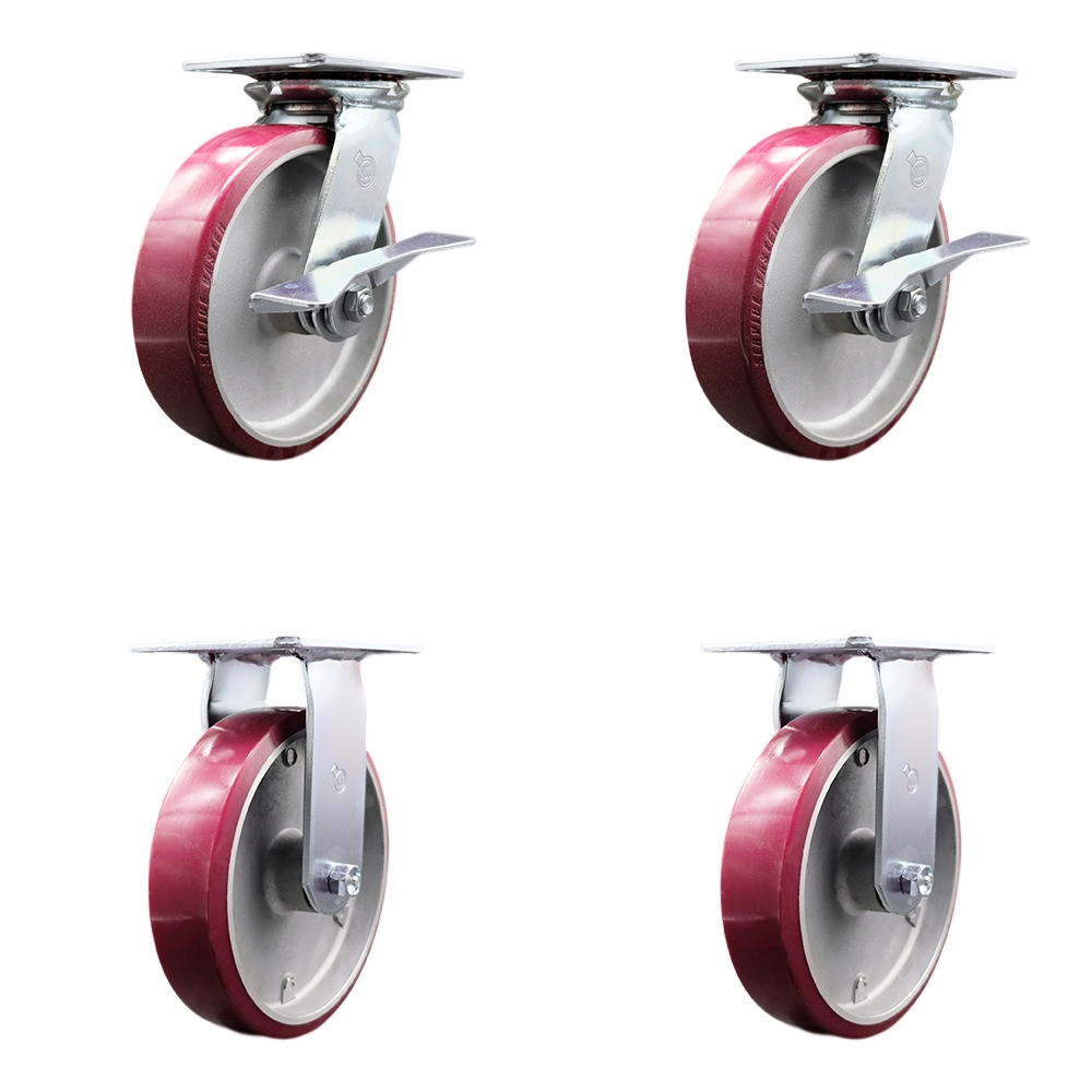 Heavy Duty Large Top Plate Polyurethane on Aluminum Swivel Caster Set of 4 w/8" x 2" Maroon Wheels - Includes 2 Swivel with Brakes & 2 Rigid - 5000 lbs Total Capacity - Service Caster Brand — photo 1
