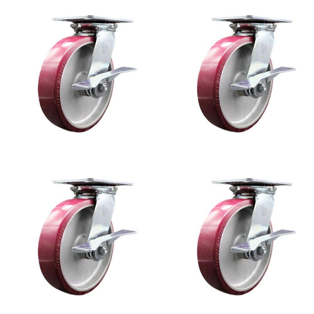 Heavy Duty Large Top Plate Polyurethane on Aluminum Swivel Caster Set of 4 w/8" x 2" Maroon Wheels - Includes 4 Swivel w/Side Lck Brakes - 5000 lbs Total Capacity - Service Caster Brand — photo 1