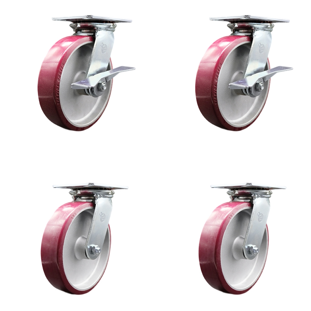 Heavy Duty Large Top Plate Poly on Alum Swivel Caster w/Main. Free Bearings Set 4 w/8" x 2" Maroon Wheels-Includes 2 Swvl w/Brakes and Bolt on Swvl Lck&2 Swvl w/Bolt on Swvl Lck - Service Caster Brand — photo 1