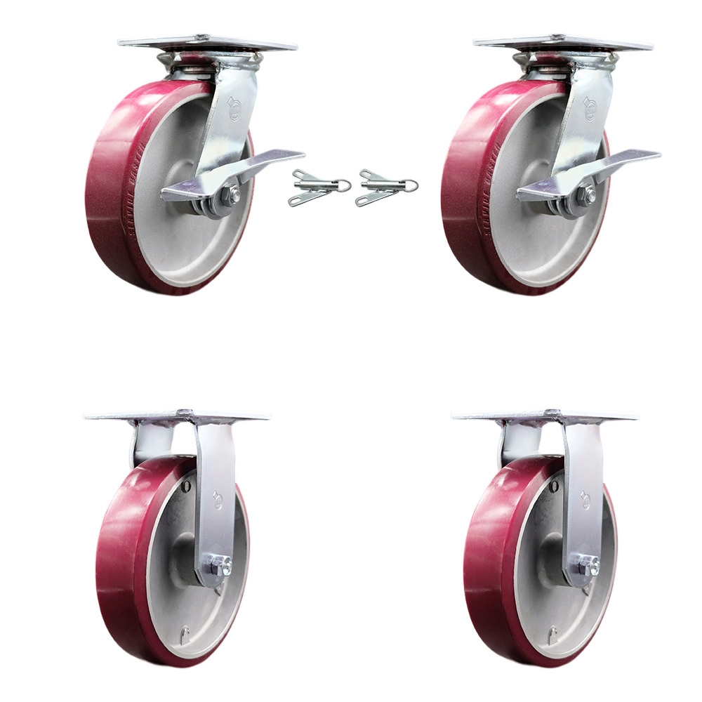 Heavy Duty Large Top Plate Polyurethane on Aluminum Swivel Caster w/Main. Free Bearings Set of 4 w/8" x 2" Maroon Wheel-Includes 2 Swvl with Brakes and Bolt on Swvl Lcks&2 Rigid - Service Caster Brand — photo 1