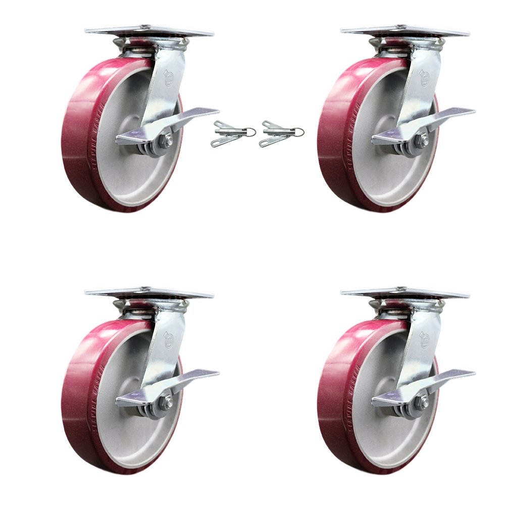Heavy Duty Large Top Plate Poly on Aluminum Swivel Caster Set 4 w/8" x 2" Maroon Wheels-Includes 2 Swivel with Brakes and Bolt on Swvl Lcks&2 Swvl with Brakes-5000lbs Total Cpty - Service Caster Brand — photo 1