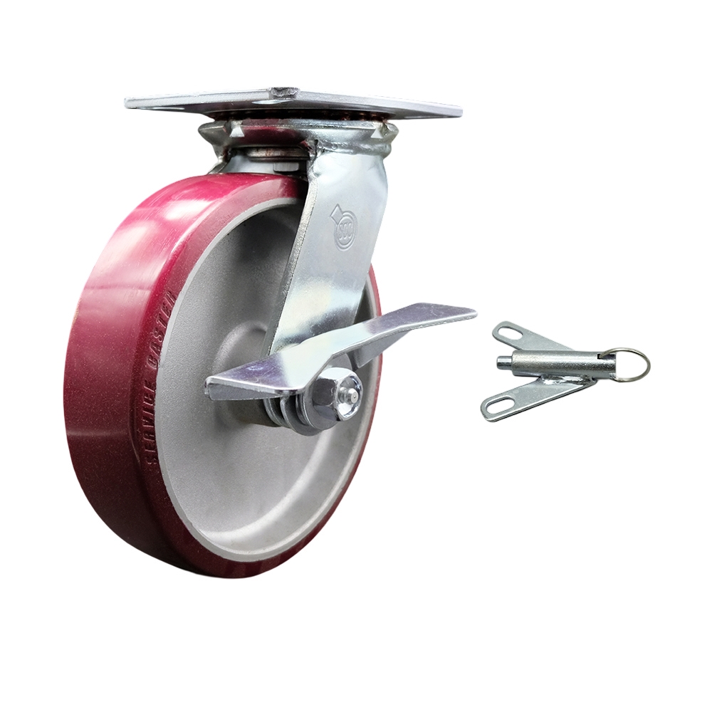 Heavy Duty Large Top Plate Polyurethane on Aluminum Swivel Caster w/Main. Free Bearings and 8" x 2" Maroon Wheel & Side Lck Brake and Bolt on Swivel Lock-1250lbs Capacity/Caster - Service Caster Brand — photo 1