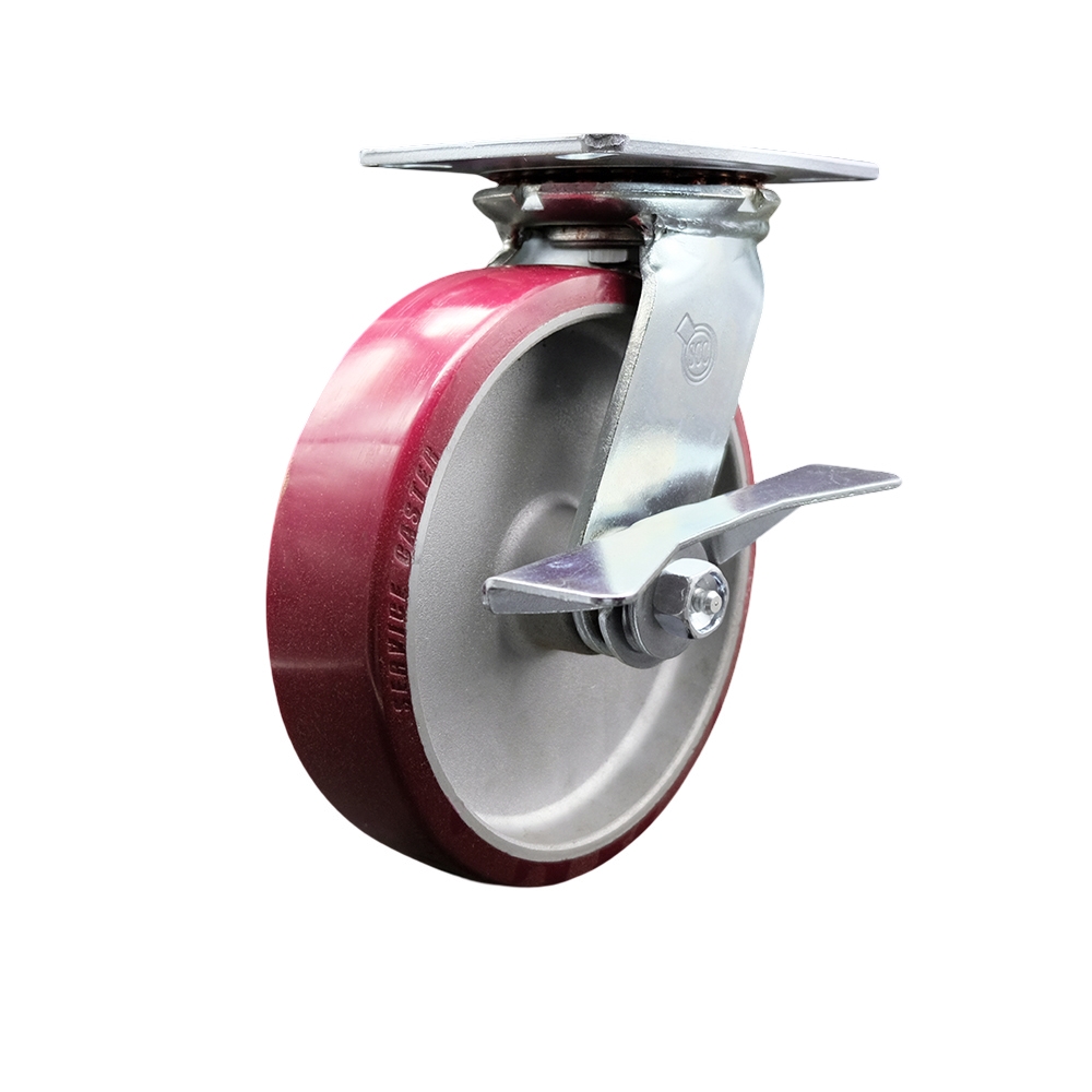 Heavy Duty Large Top Plate Polyurethane on Aluminum Swivel Caster w/Main. Free Bearings and 8" x 2" Maroon Wheel & Side Lck Brake - 1250 lbs Capacity/Caster - Service Caster Brand — photo 1