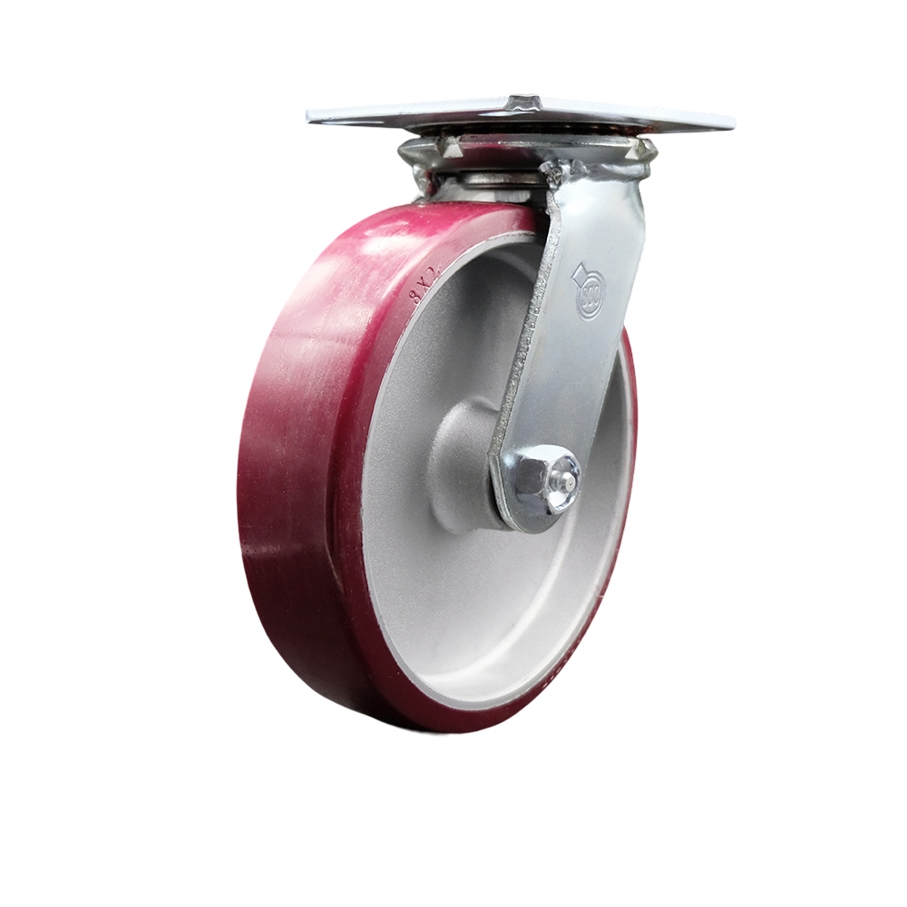 Heavy Duty Large Top Plate Polyurethane on Aluminum Swivel Caster w/8" x 2" Maroon Wheel - 1250 lbs Capacity/Caster - Service Caster Brand — photo 1