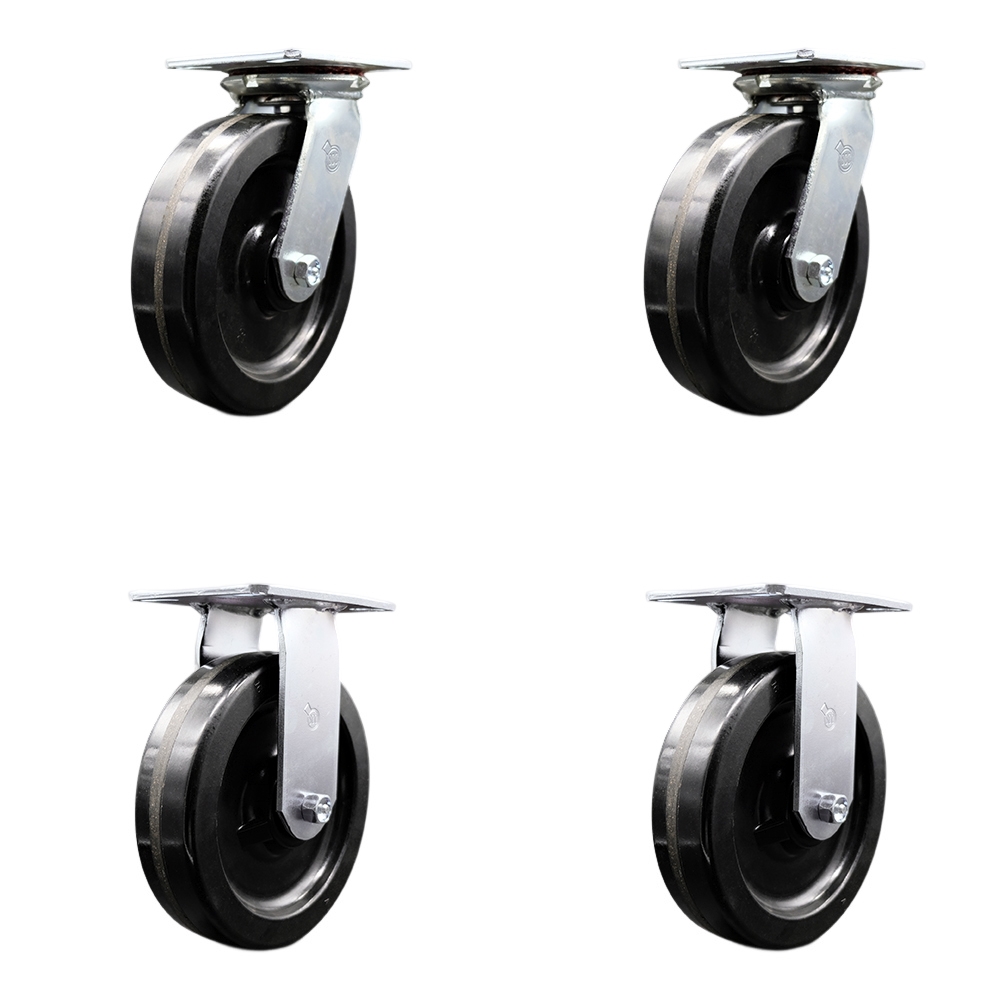 Heavy Duty Large Top Plate Phenolic Swivel Caster w/Main. Free Bearings Set of4 w/8" x 2" Black Wheels - Includes 2 Swivel & 2 Rigid - 5000 lbs Total Capacity - Service Caster Brand — photo 1