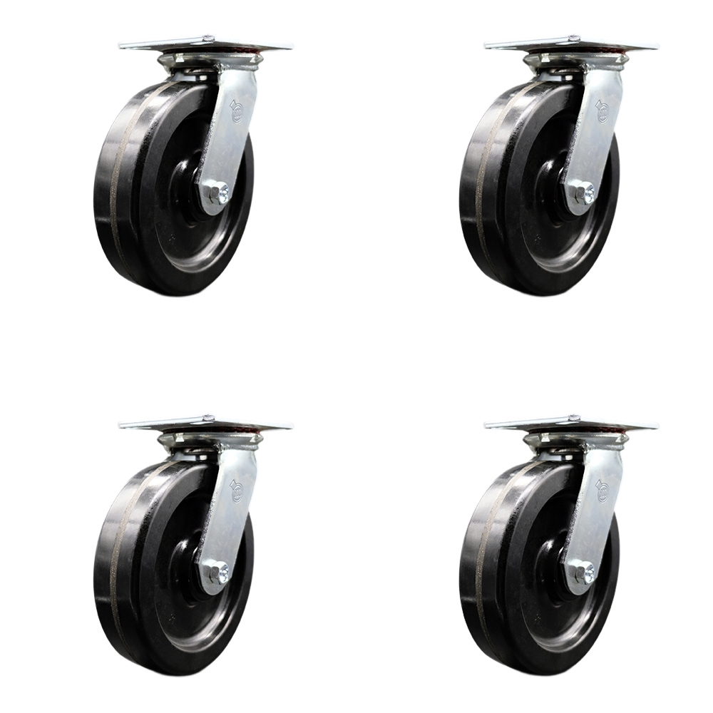 Heavy Duty Large Top Plate Phenolic Swivel Caster w/Main. Free Bearings Set of4 w/8" x 2" Black Wheels - Includes 4 Swivel - 5000 lbs Total Capacity - Service Caster Brand — photo 1