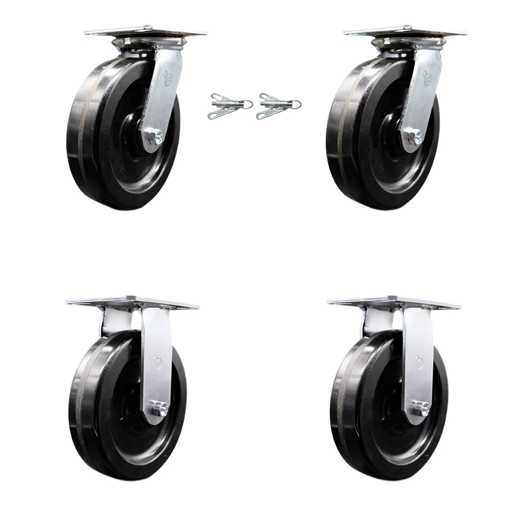 Heavy Duty Large Top Plate Phenolic Swivel Caster w/Main. Free Bearings Set of 4 w/8" x 2" Black Wheels-Includes 2 Swivel with Bolt on Swivel Lcks&2 Rigid-5000lbs Total Capacity - Service Caster Brand — photo 1